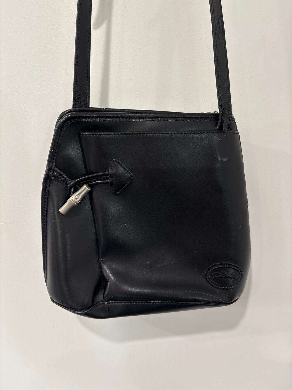 Vintage Longchamp Roseau Leather Crossbody Bag Black